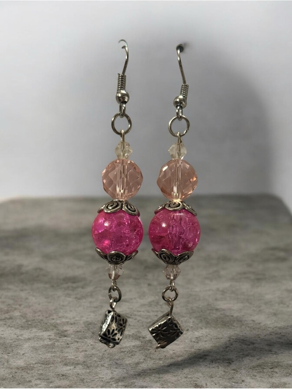 Handmade Pink  Drop Earrings with Silver Tone Accents